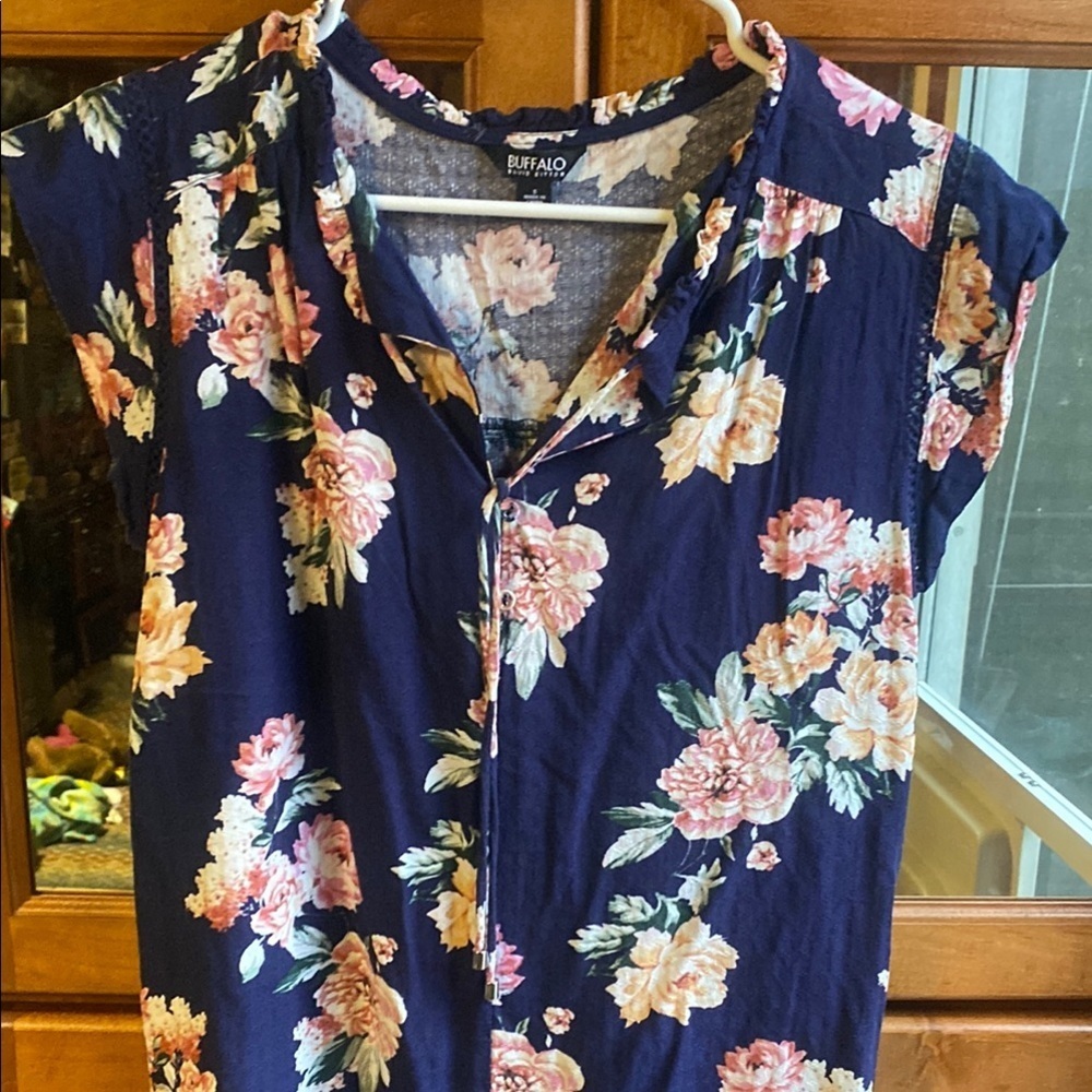 Buffalo David Bitton Blue Pink Cap Sleeve Blouse Spring Summer Floral Fairycore